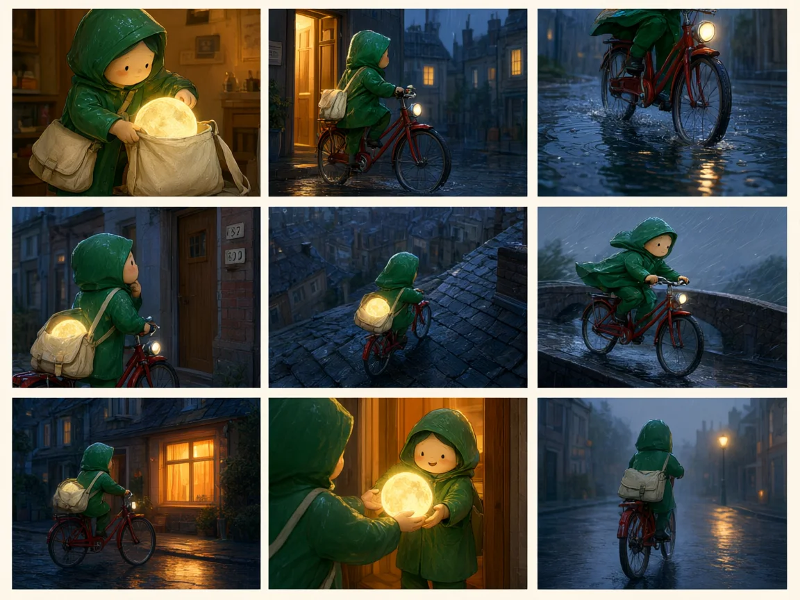 AI-generated nine-panel storyboard following a tiny moonlight courier through a rainy evening