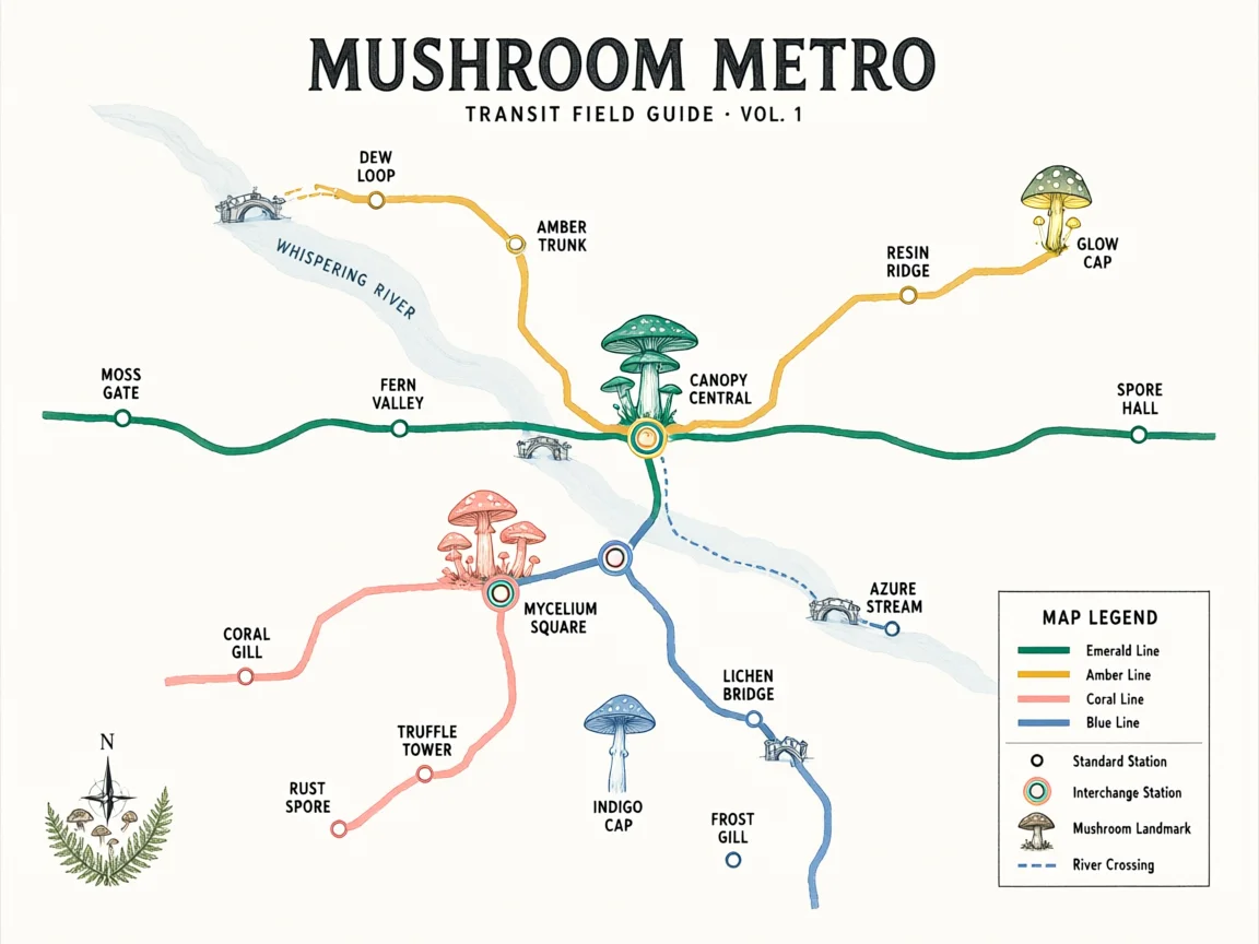 AI-generated Mushroom Metro field map with fictional forest stations and illustrated route lines