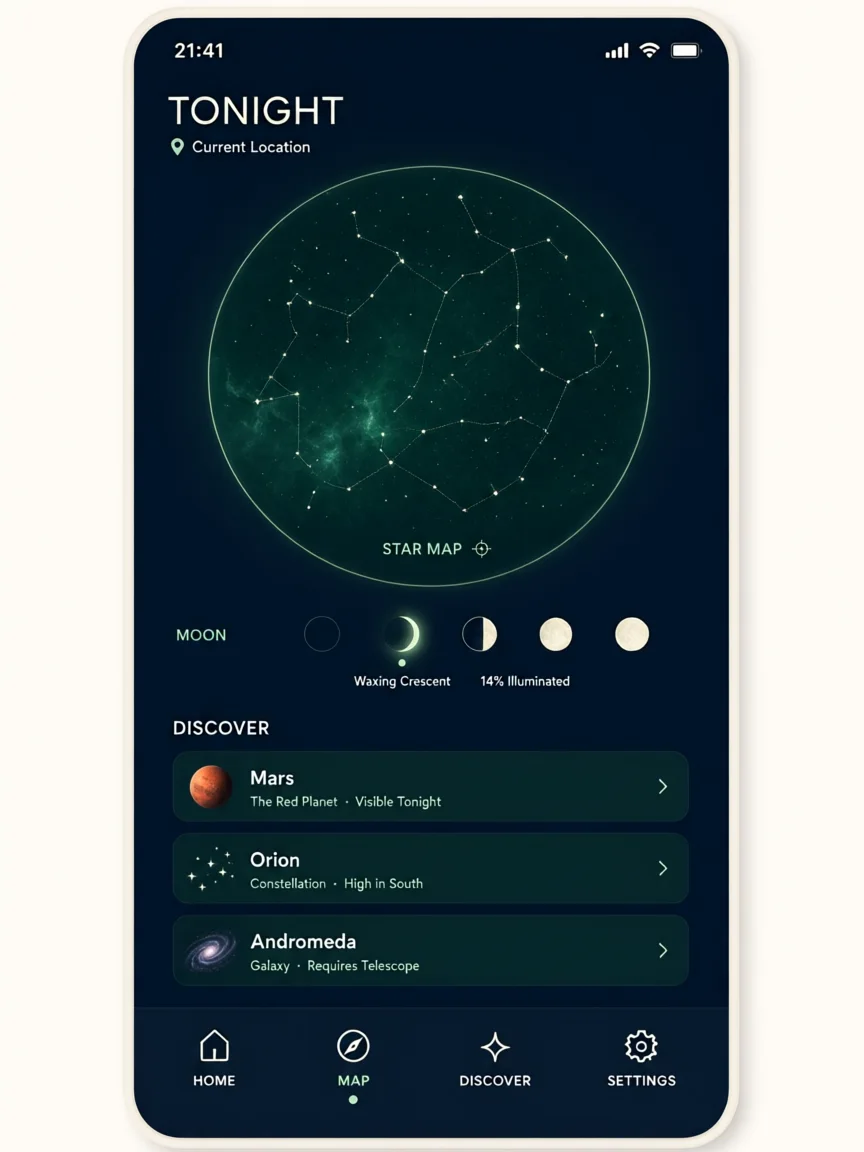 AI-generated Pocket Planetarium mobile interface concept with celestial cards and restrained labels