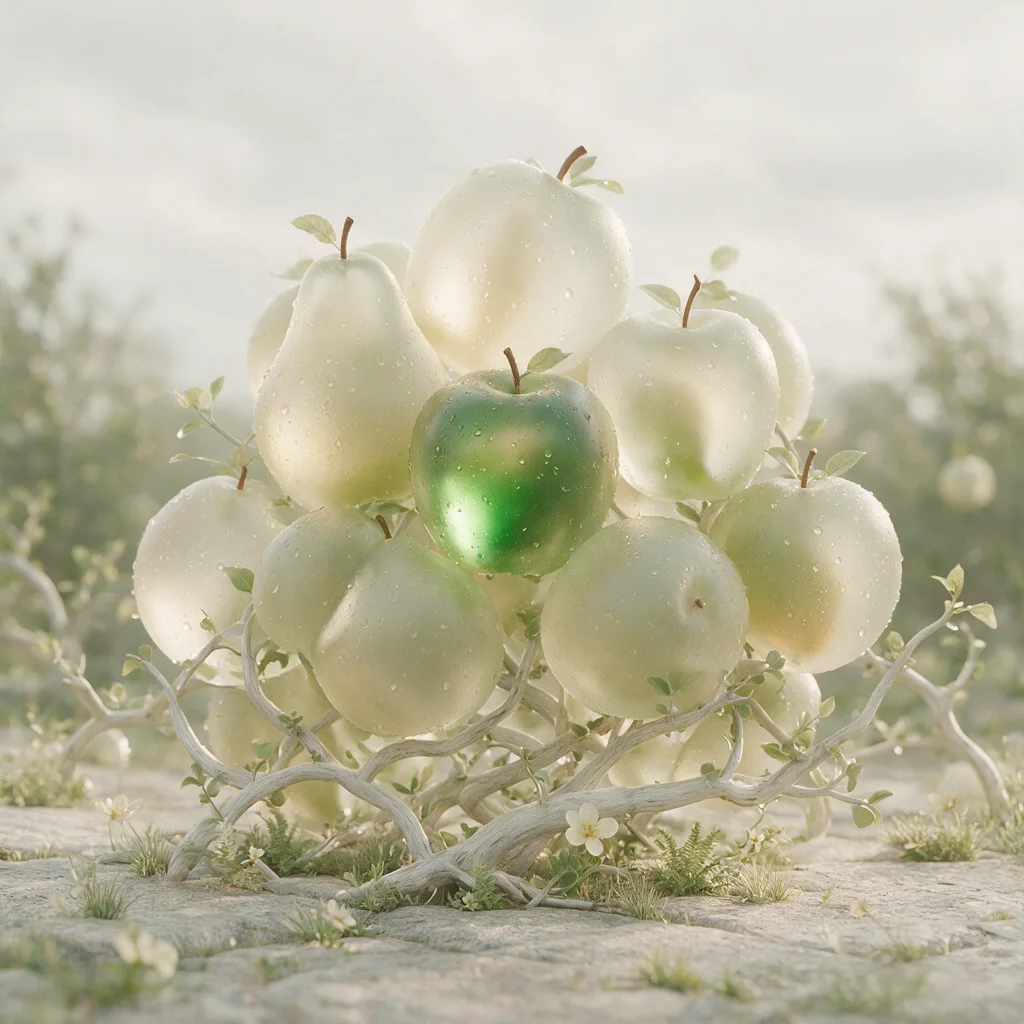 Original square ambient indie album-cover concept with translucent fruit-like forms and soft daylight