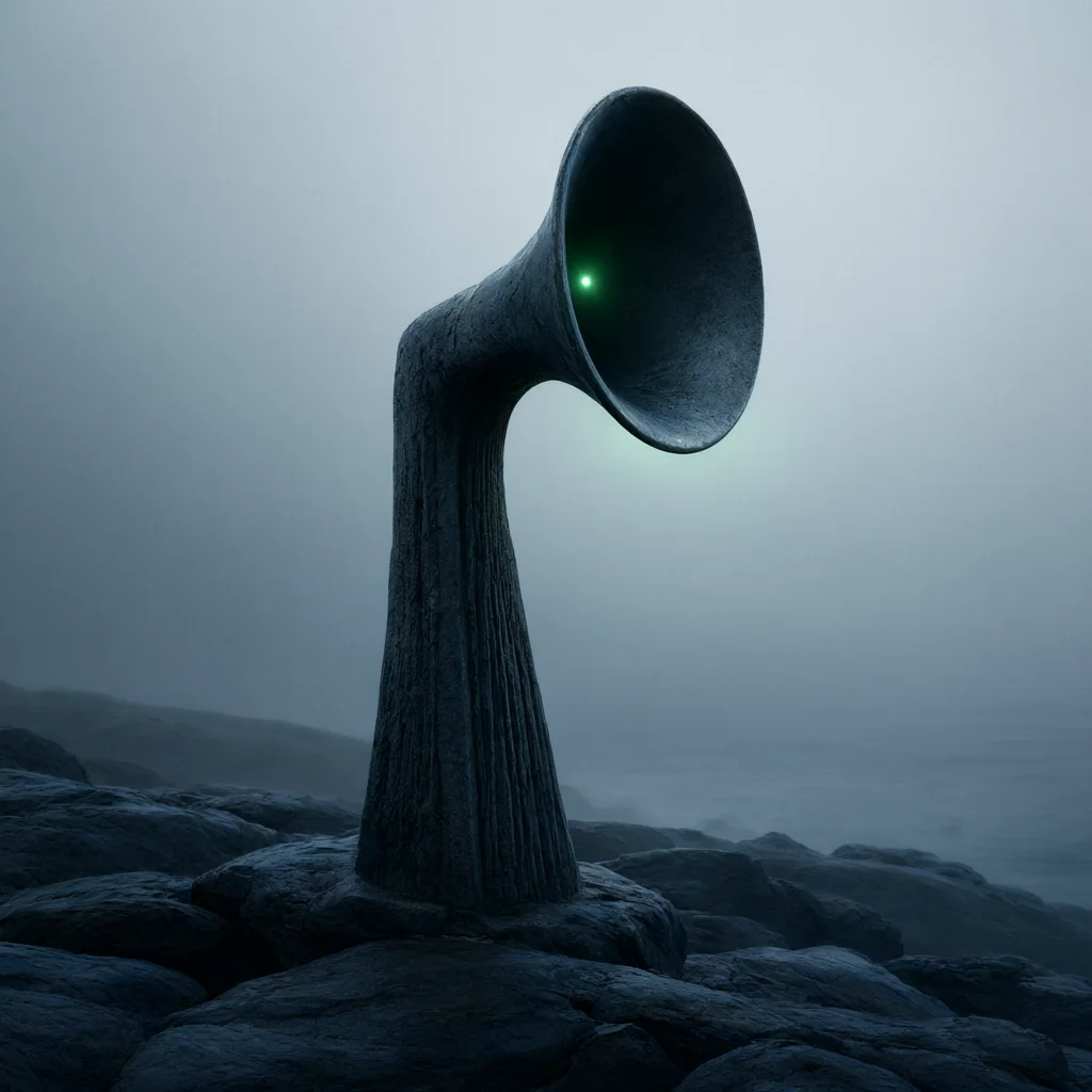 Original square alternative-jazz album-cover concept with a fictional coastal radio structure in mist