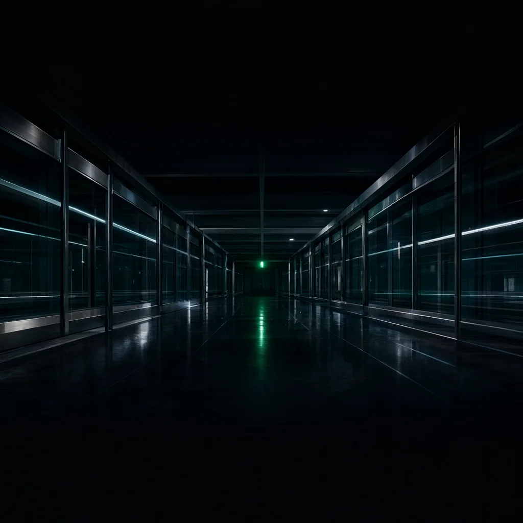 Original square electronic album-cover concept with geometric light trails and reflective transit surfaces
