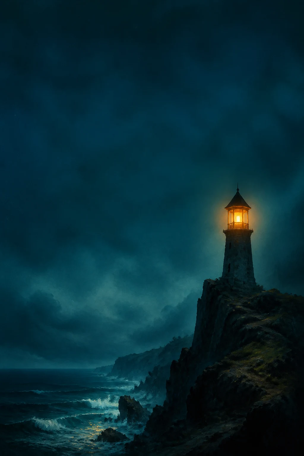 Original portrait fantasy book-cover concept with a lighthouse-like lantern tower in deep teal night