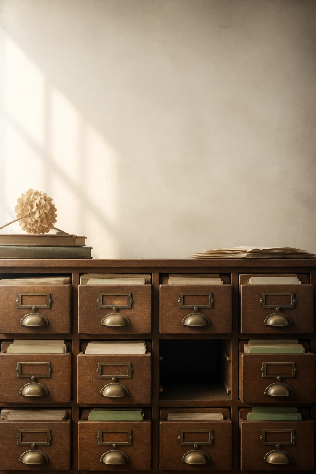 Original portrait literary mystery book-cover concept with archival drawers and one missing green index card