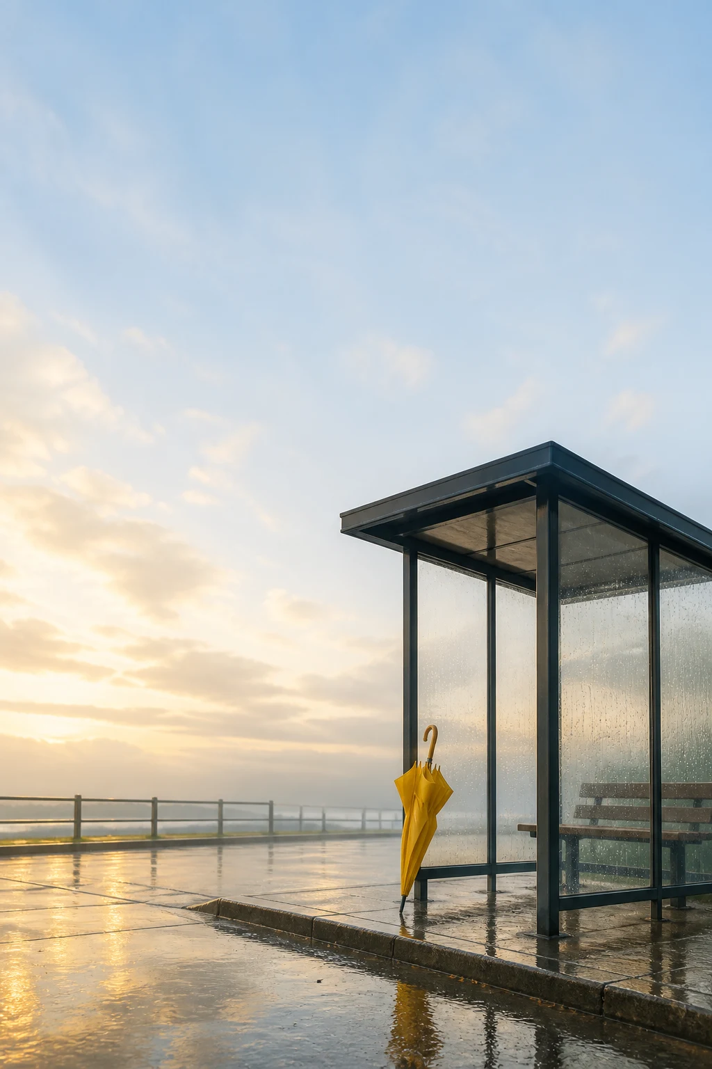 Original portrait contemporary fiction book-cover concept with a rain-washed bus shelter and folded yellow umbrella
