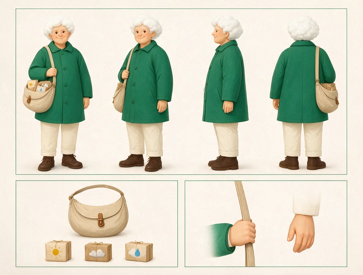 Original cloud courier character turnaround with multiple full-body views and parcel props