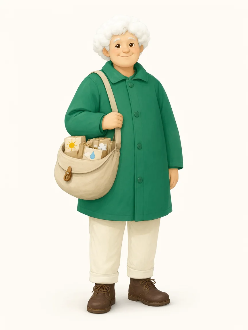 Original cloud courier source character in a soft green postal uniform