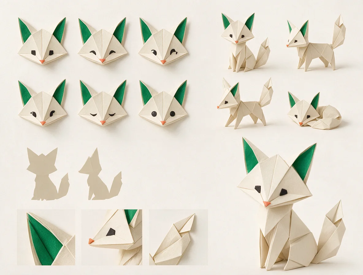 Original origami fox mascot sheet with expressions poses and folded-paper construction details