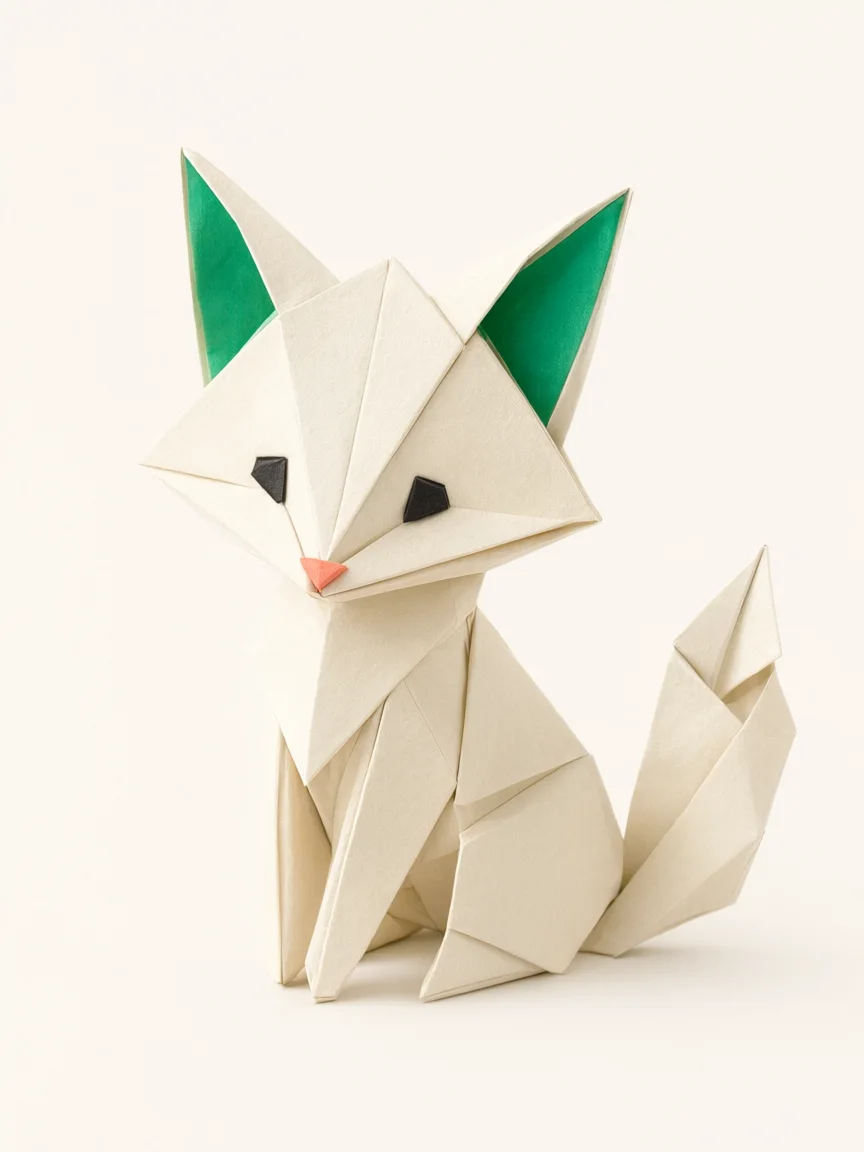Original folded-paper fox mascot source character in cream and emerald colors