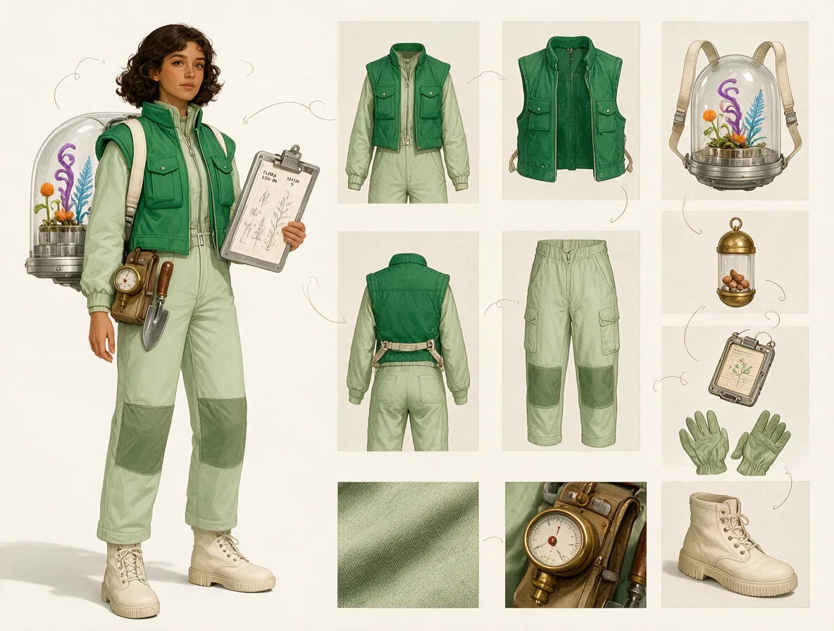 Original retro space botanist character sheet with outfit and greenhouse equipment details