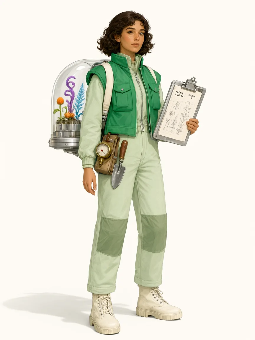 Original retro space botanist source character with a compact greenhouse backpack