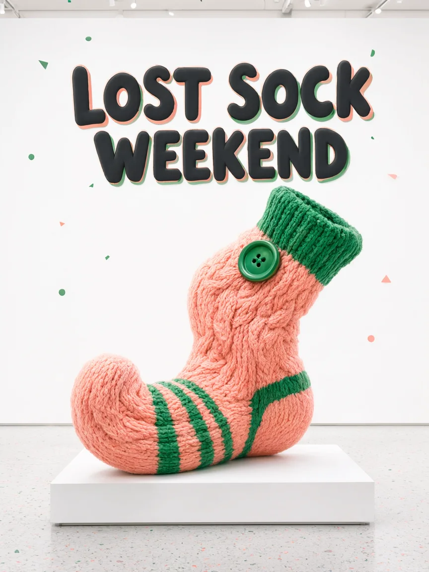 Original Lost Sock Weekend cultural poster draft with a playful textile sculpture and bold title