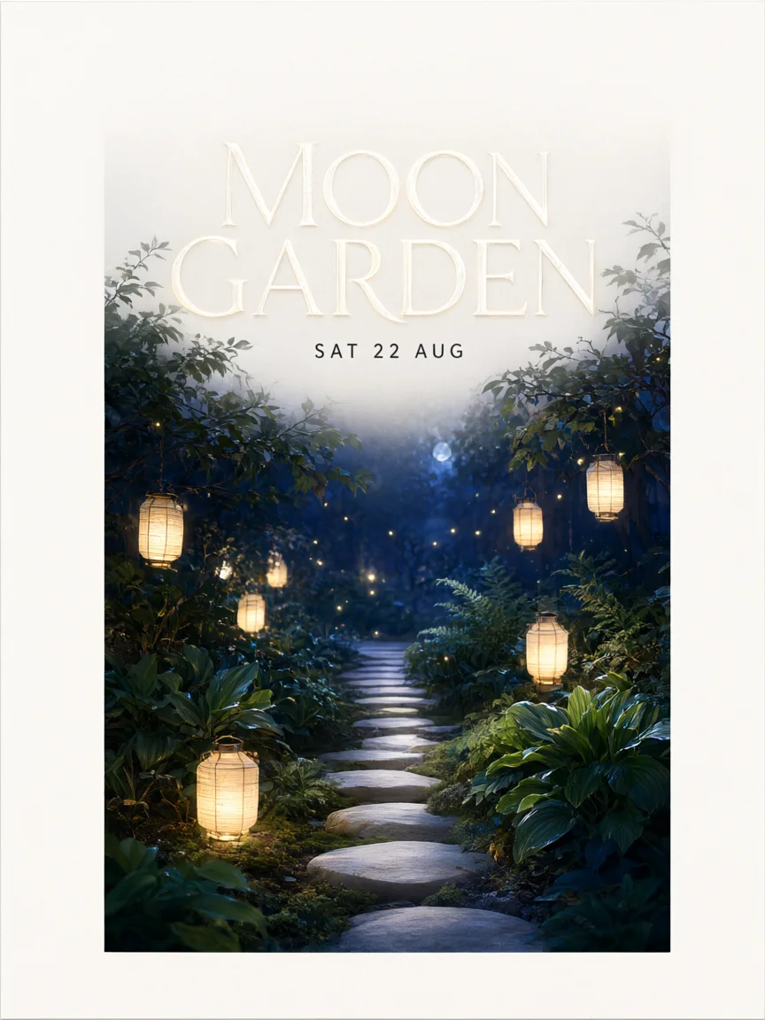 Original Moon Garden night market poster draft with a large event headline and luminous botanical artwork