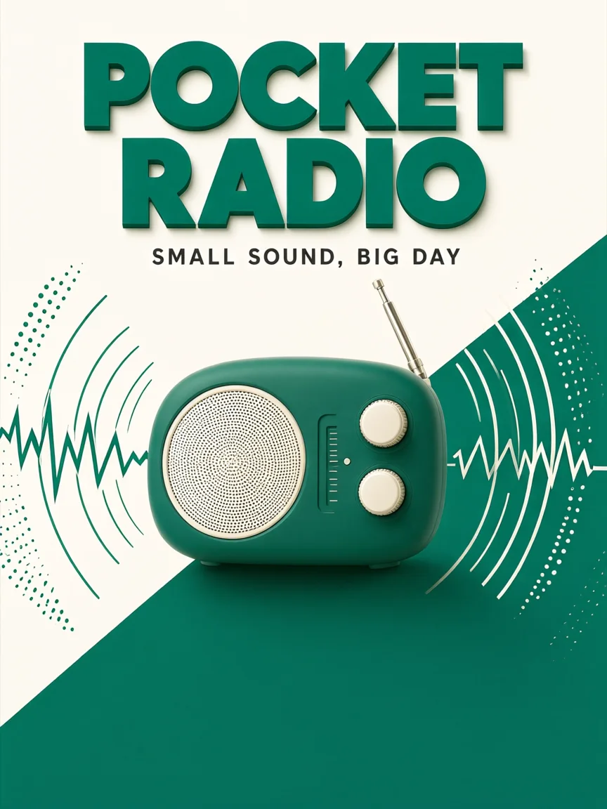 Original Pocket Radio product launch poster draft with geometric sound waves and short supplied text