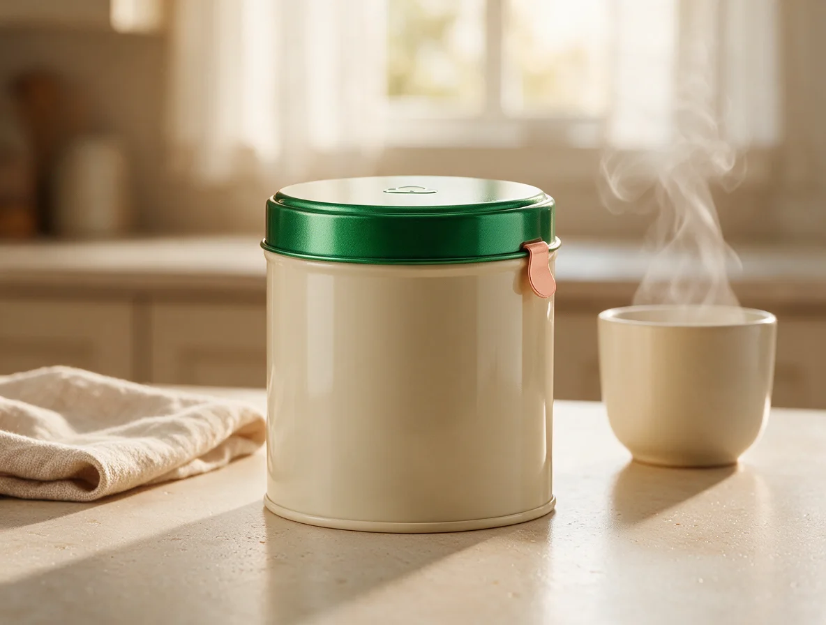 Original Cloud Tea tin lifestyle product photo concept in a bright morning kitchen
