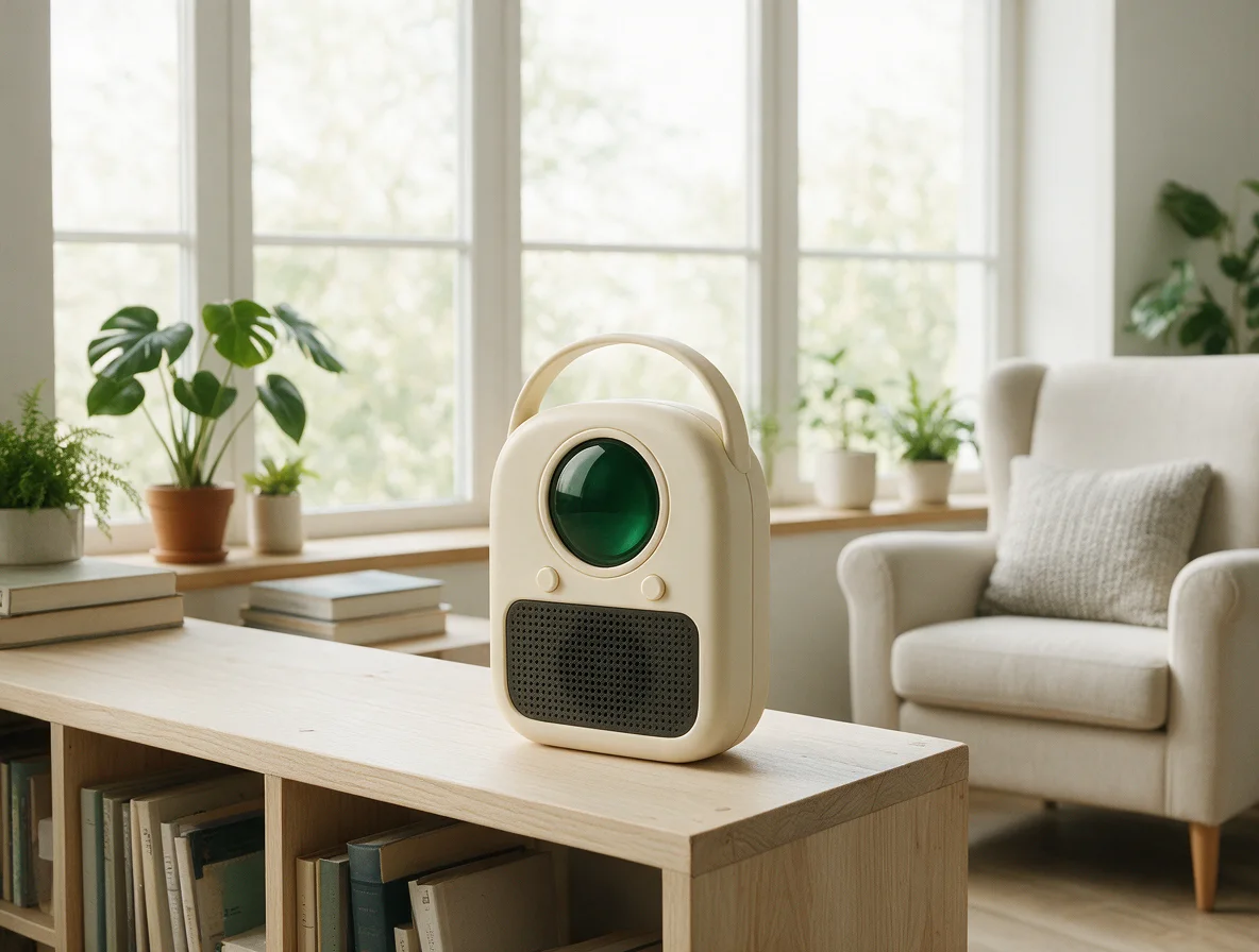 Original Pebble Radio lifestyle product photo concept on a bright botanical shelf