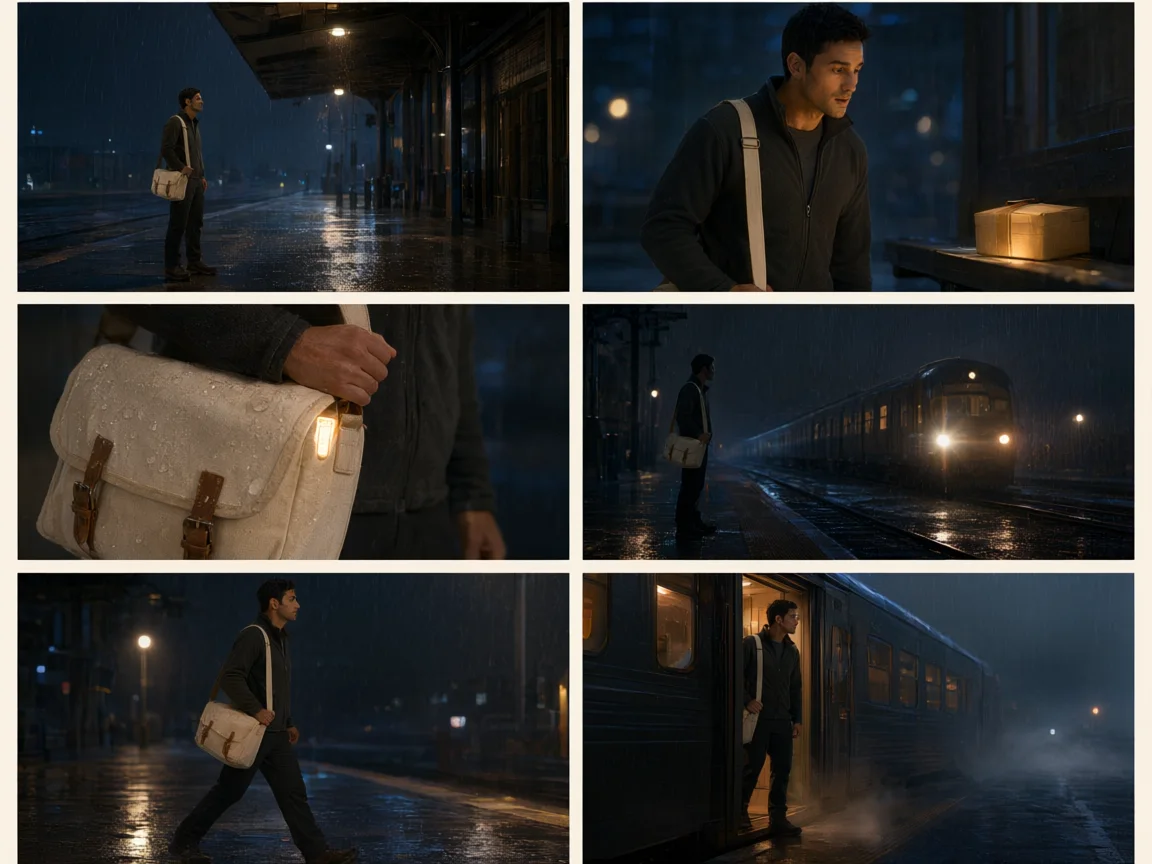 Original six-panel Moonlight Parcel Run storyboard with a courier and approaching night train