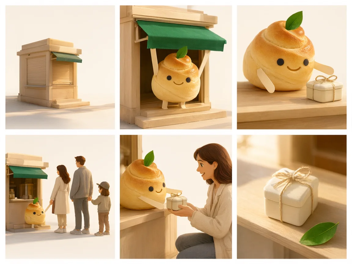 Original six-panel Tiny Bakery opening storyboard with a pastry mascot and ceramic packages