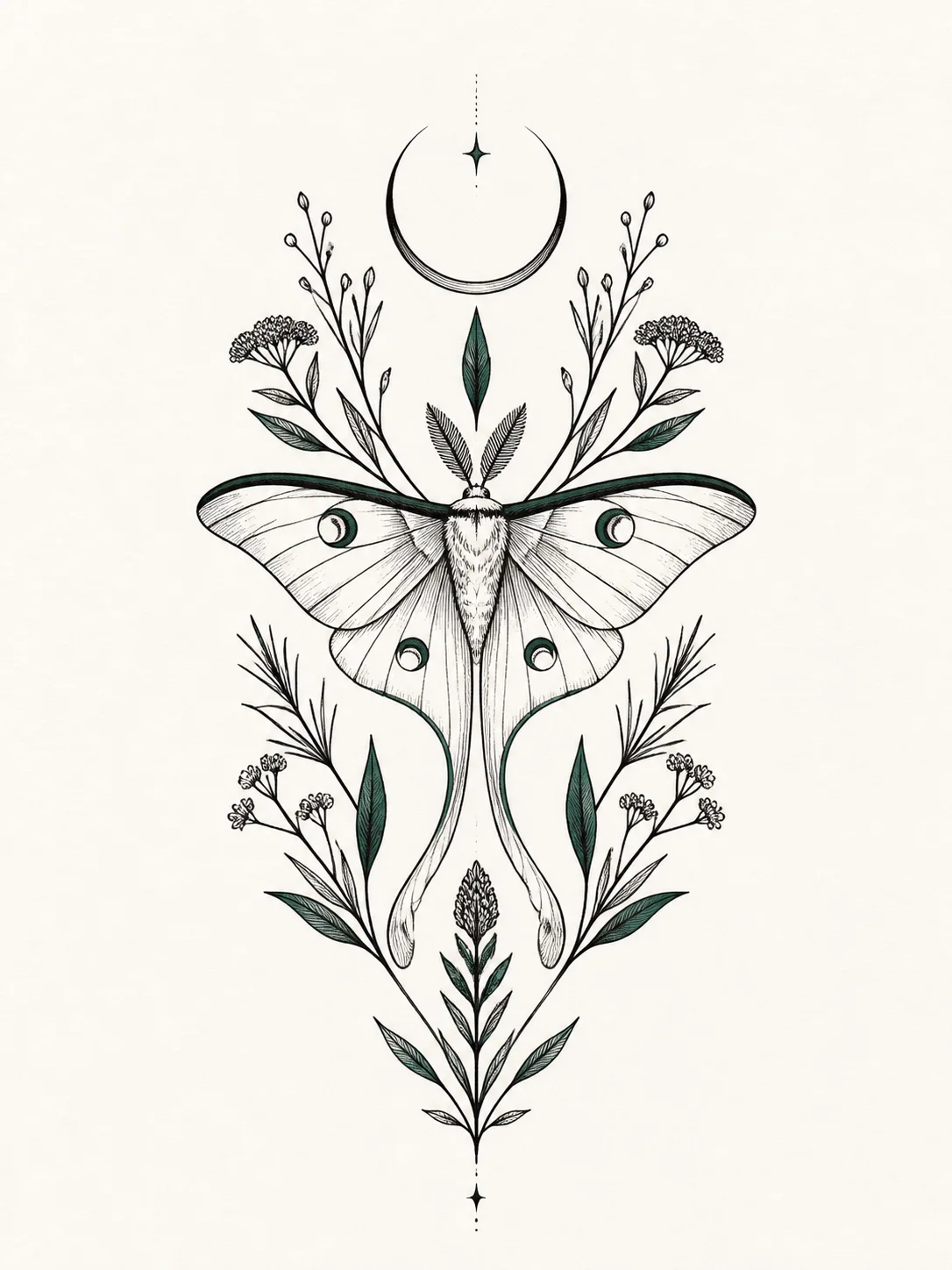Original tattoo concept sheet with a symmetrical luna moth, crescent, botanical stems, fine black linework, and restrained emerald accents
