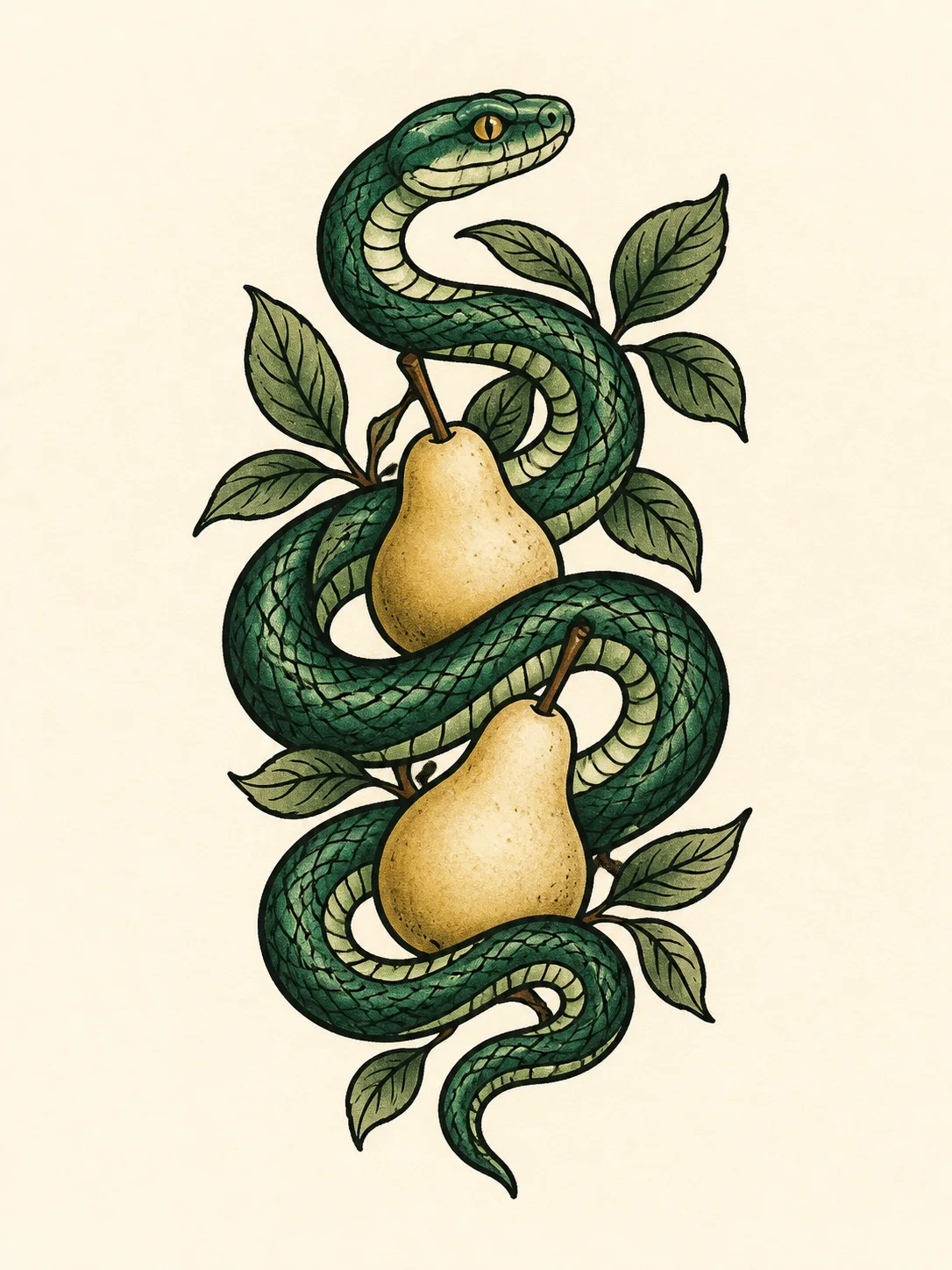 Original tattoo concept sheet with an emerald serpent winding through pears and leaves in a limited black gold and green palette