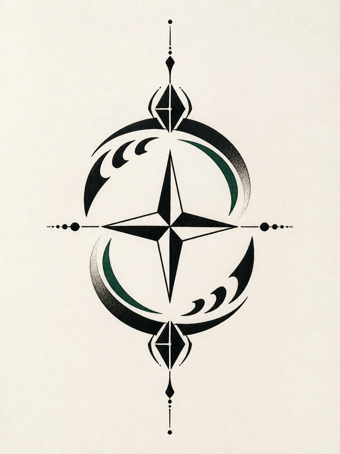 Original tattoo concept sheet with a four-point compass, abstract crescent waves, dot ornaments, and bold blackwork