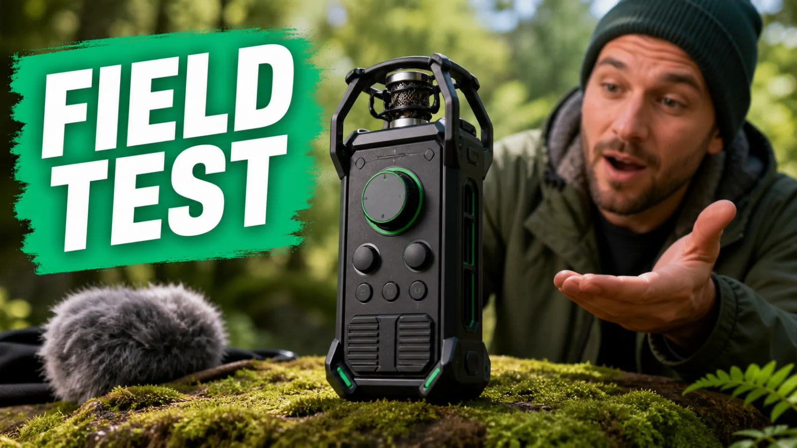 Original 16:9 product-review thumbnail concept featuring a fictional field recorder and a close detail