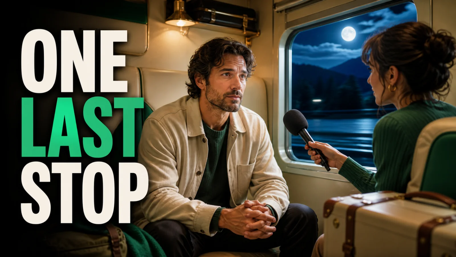 Original 16:9 documentary-style interview thumbnail concept in a fictional night-train setting