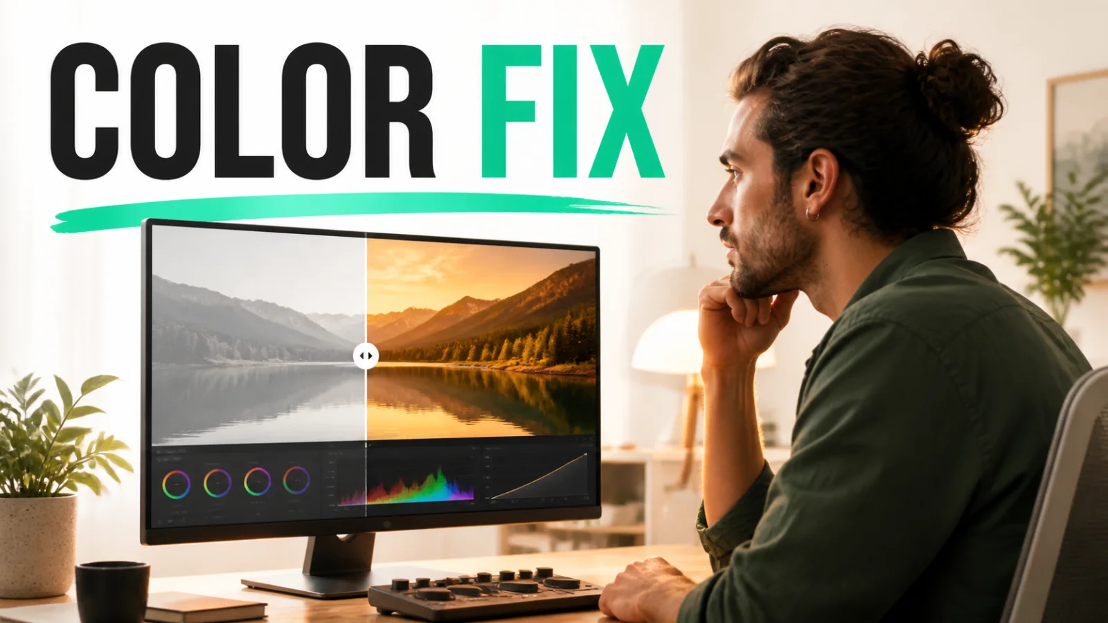 Original 16:9 tutorial thumbnail concept showing a quiet editing desk, a clear focal action, and readable title space