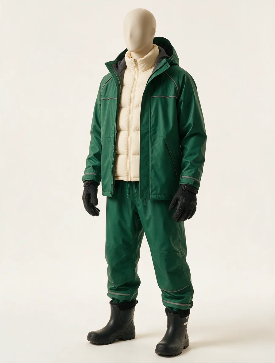 Weatherproof green courier outfit reference