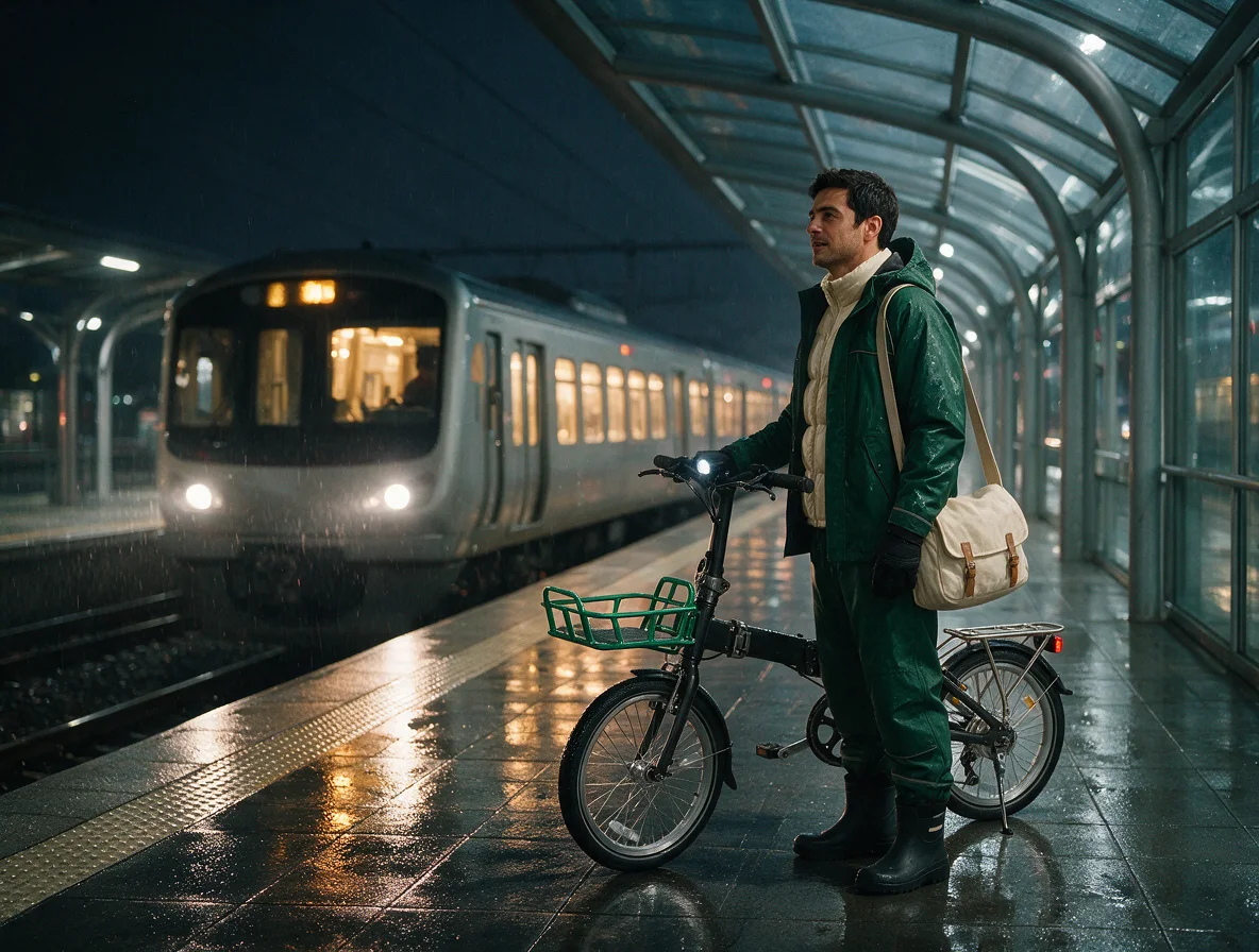 Original night train courier scene synthesized from character outfit and bicycle references